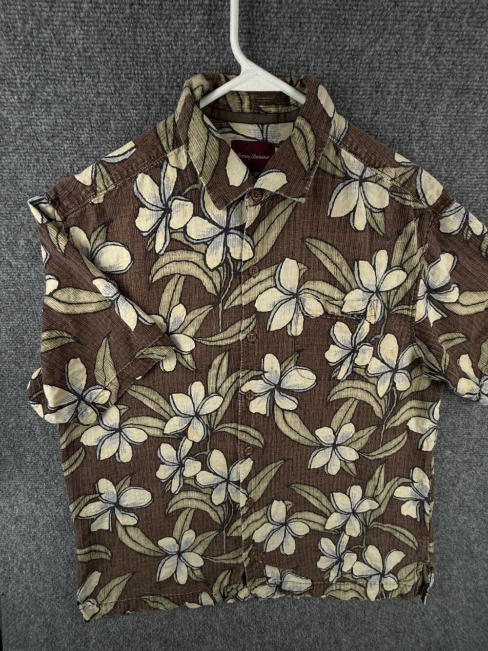 Tommy Bahama Large Copyright Print Brown Green Floral Button Up Shirt Beach Men